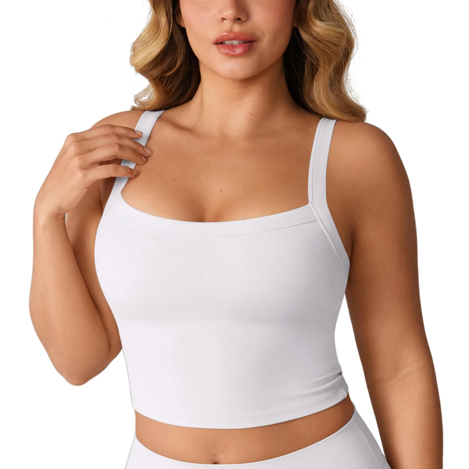 UNISSU Hugcurve Adjustable Longline Sports Bra Square Neck Workout Tank Crop Tops for Women with Built in Bra Padded Camisole